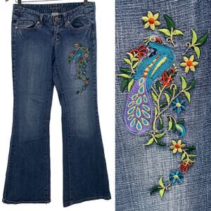 Space Girls Y2K Jeans Peacock Embroidery Womens Size 5 28" Waist Low Rise